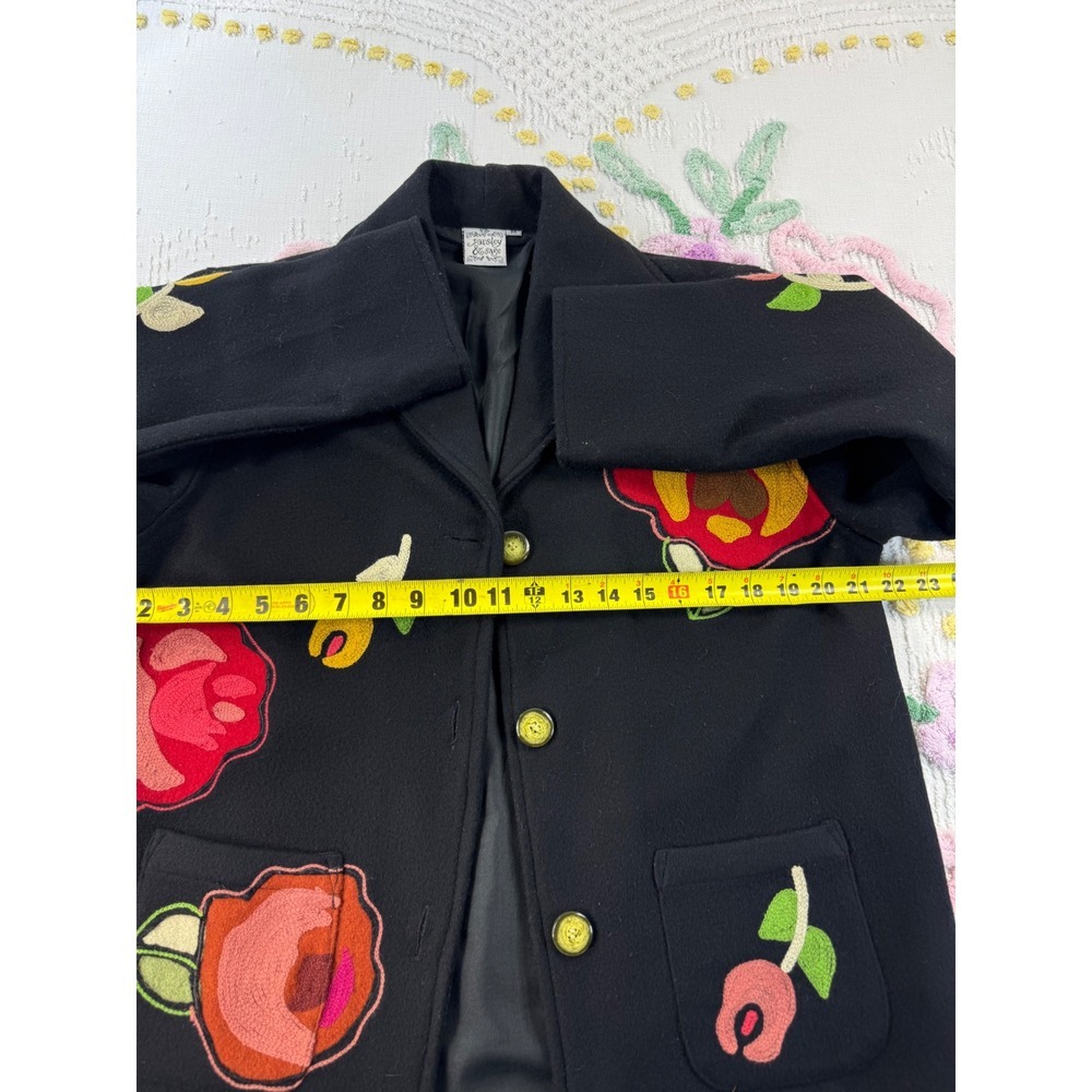 Parsley & Sage vtg Womens Black 100% Wool Floral Applique Jacket Brooch Size M - Picture 4 of 8